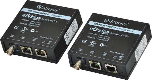 eBridge100RMT Ethernet over Coax/CAT5e Adapter Kits transmit full duplex data at 100Mbps and pass PoE compliant power over coax 304m, or CAT5e cable up to 500m without repeaters. The adapter kit consists of an eBridge100RM receiver and an eBridge100TM transceiver. These adapters, along with the connected IP camera or edge device, is powered by virtually any midspan or endspan. Remote management functions such as edge device reset, monitoring real-time current draw and port status are possible when coupled with an Altronix NetWay8M/16M Midspan. eBridge100RMT is compatible with Megapixel, HD720, HD1080 and VGA cameras.